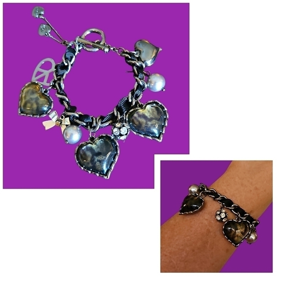 BETSEY JOHNSON Heart Pearl Peace Sign Woven Ribbon Chain Charm Bracelet
